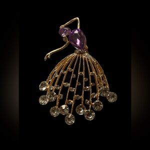 Elegant Lady Brooch with Long Dress & Amethyst Rhinestones NEW